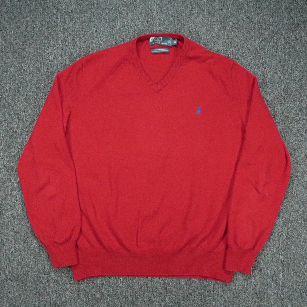 Polo Ralph Lauren Sweater Men Extra Large Red V Neck Merino Wool Pullover Jumper